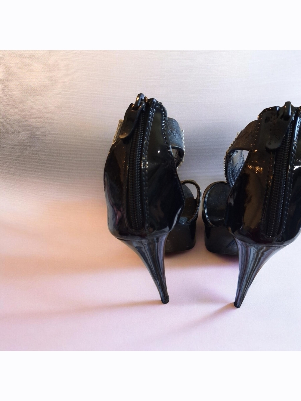 Ellie Black Patent Platform Stiletto Sandals with Embellished Ankle Strap - Picture 4 of 5